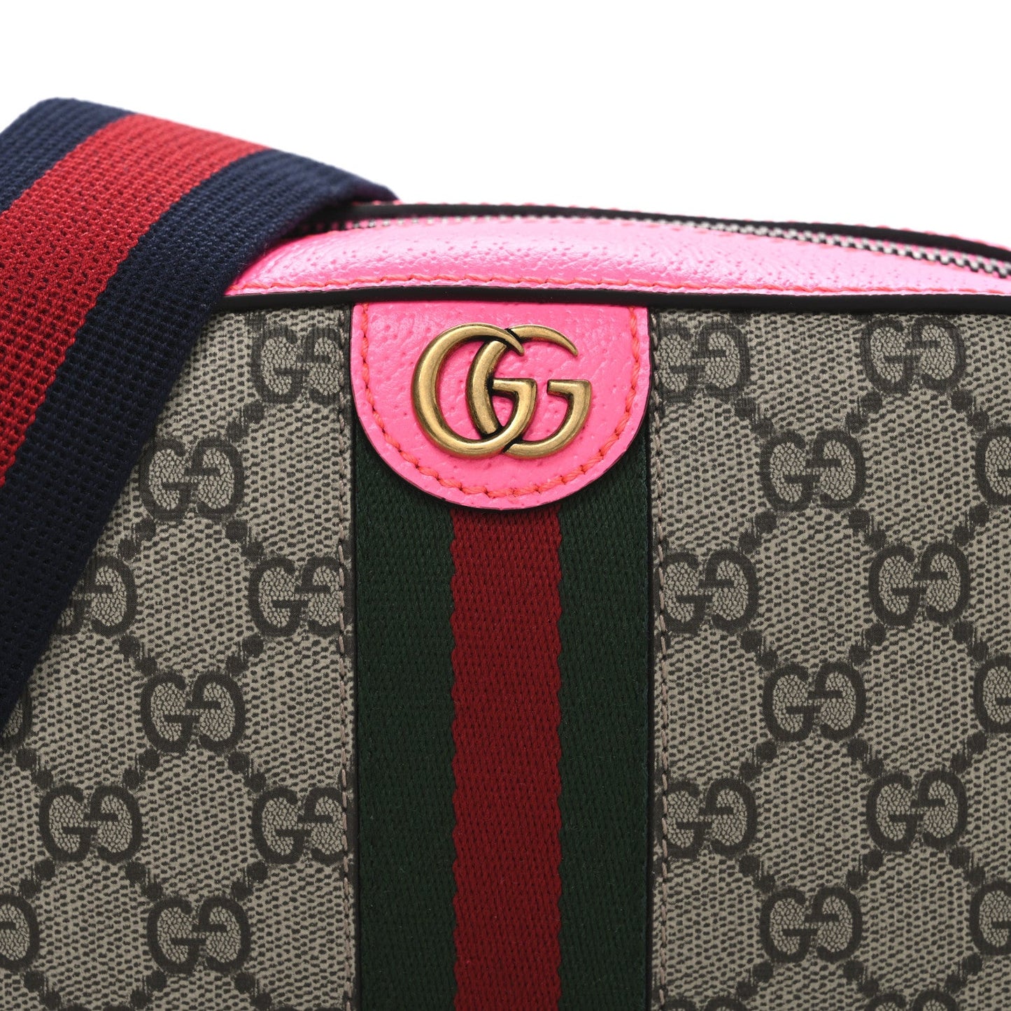 GG Supreme Monogram Textured Dollar Calfskin Web Ophidia Small Crossbody Bag Beige Ebony Fuchsia