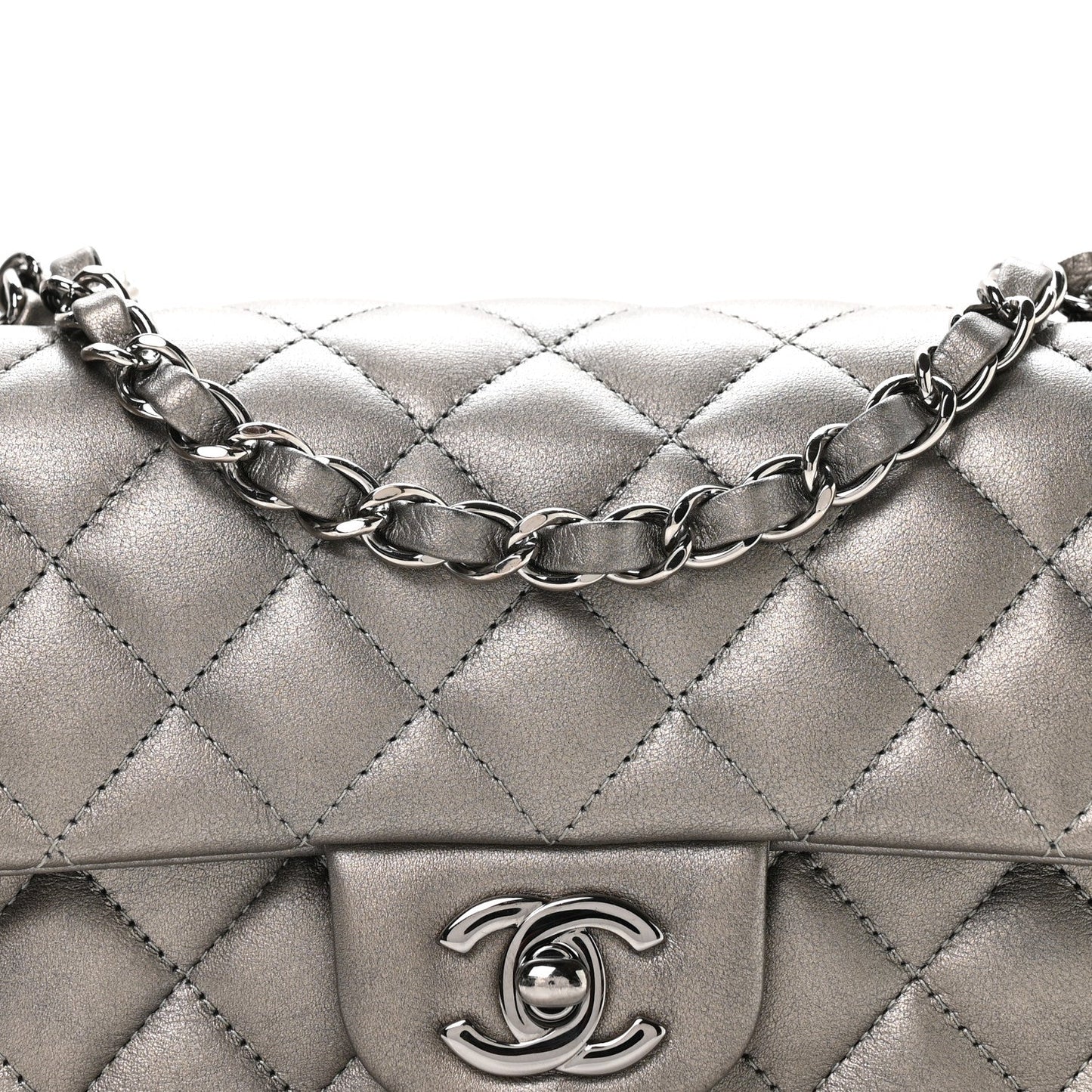 Metallic Lambskin Quilted Mini Rectangular Flap Silver
