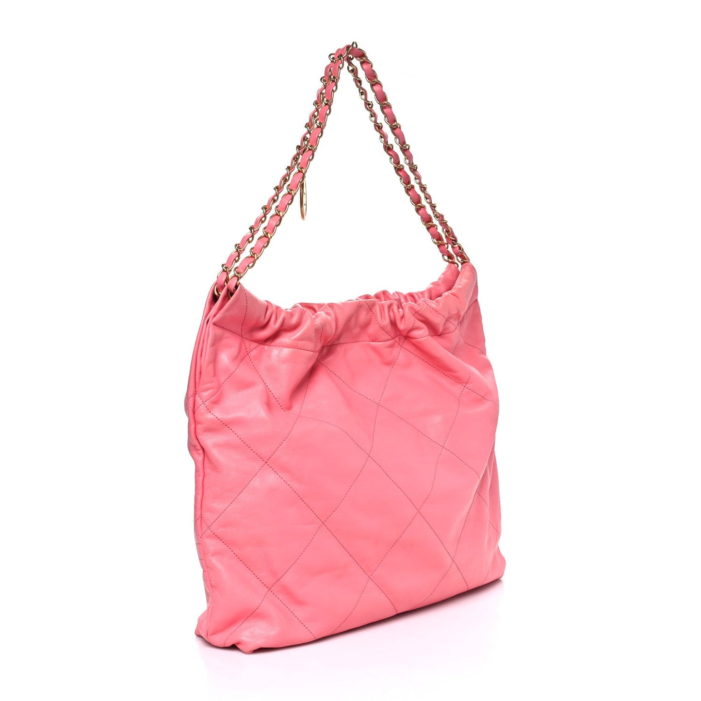 Shiny Calfskin Quilted Chanel 22 Drawstring Bag Coral Pink