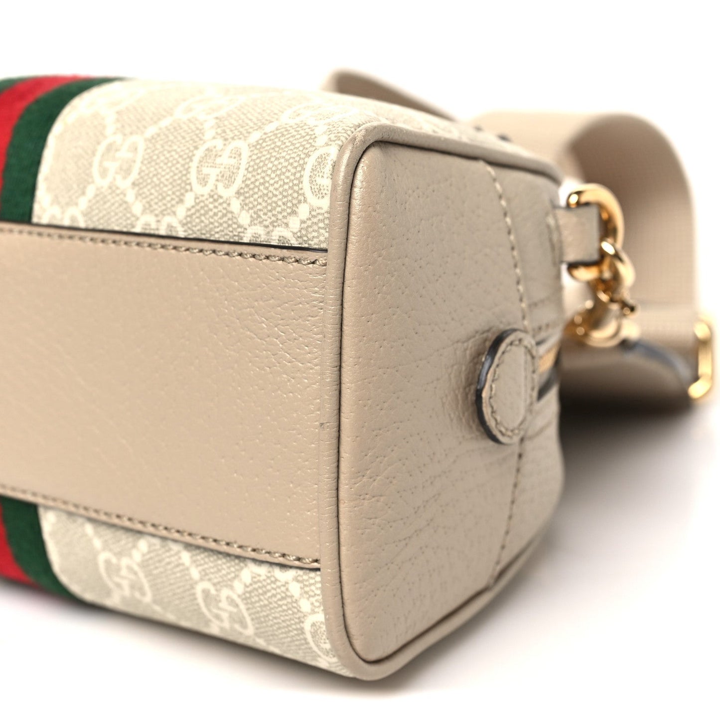 GG Supreme Monogram Textured Dollar Calfskin Web Mini Ophidia Top Handle Bowler Bag Beige Mystic White Oatmeal
