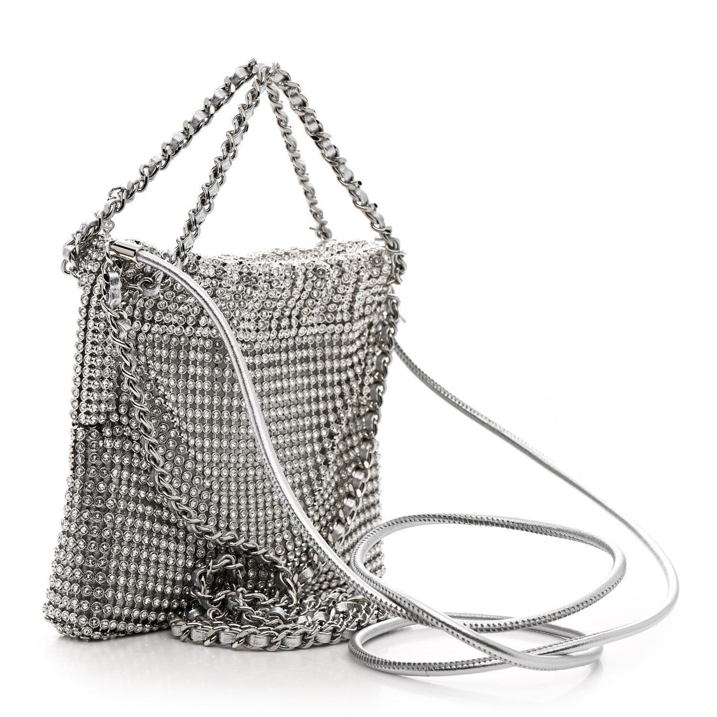 Crystal Embellished Metallic Lambskin Mini Chanel 22 Silver