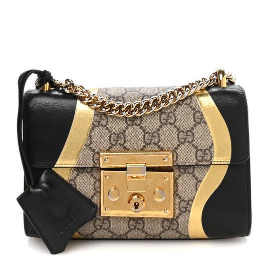 Calfskin GG Supreme Monogram Small Padlock Shoulder Bag Black Gold