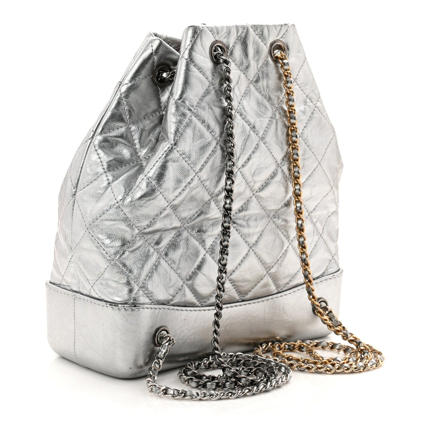 Metallic Crumpled Calfskin Quilted Small Gabrielle Backpack Silver