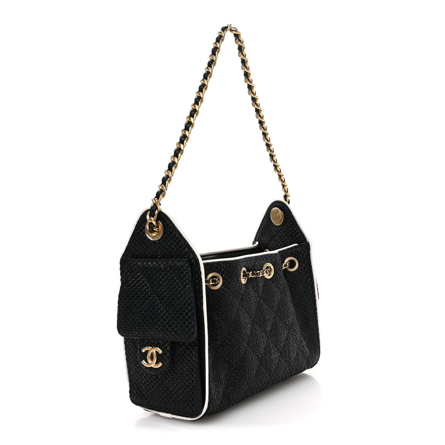 Braided Raffia Calfskin Quilted Mini Chanel 25 Handbag Black White