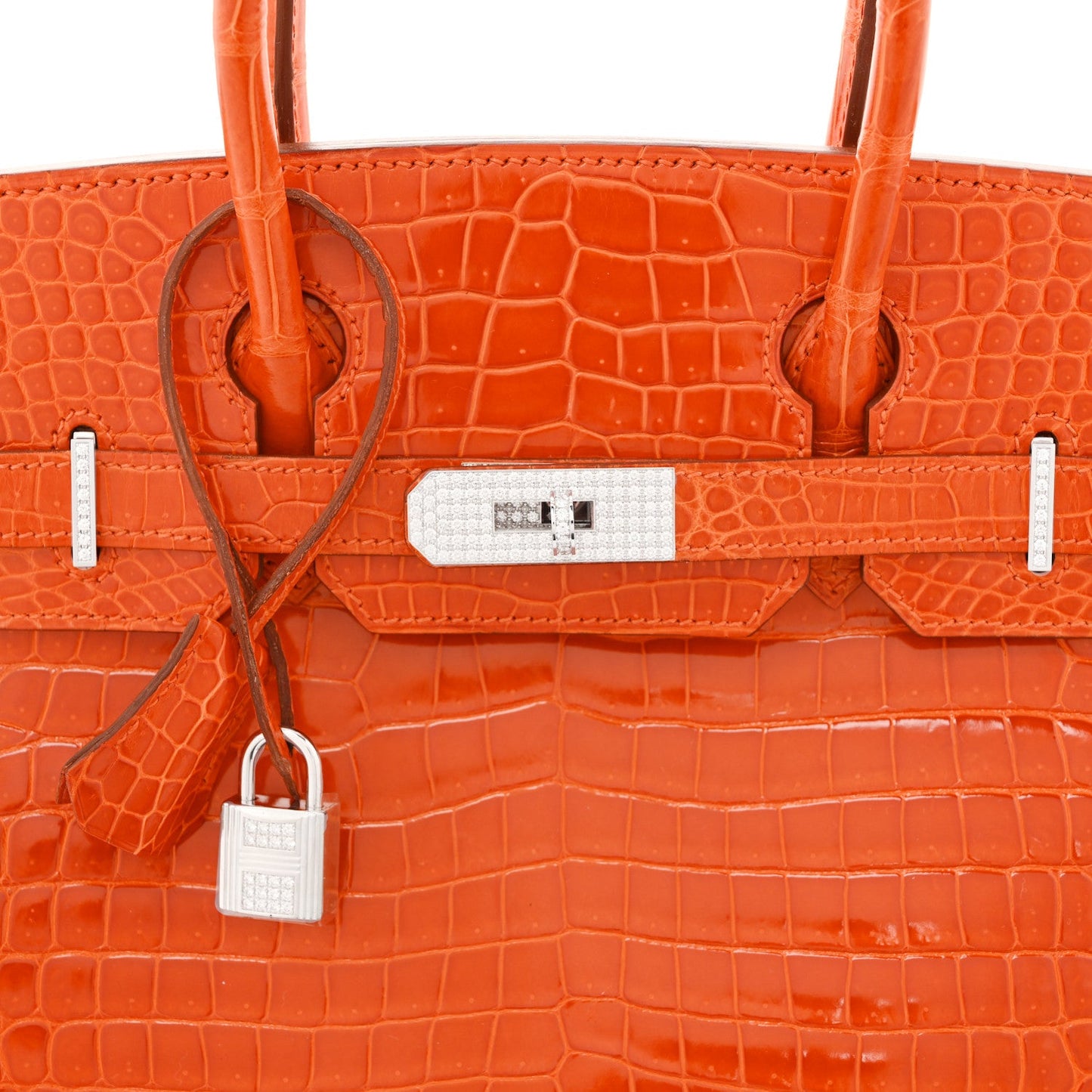 Shiny Porosus Crocodile 18K White Gold Diamond Birkin 30 Orange