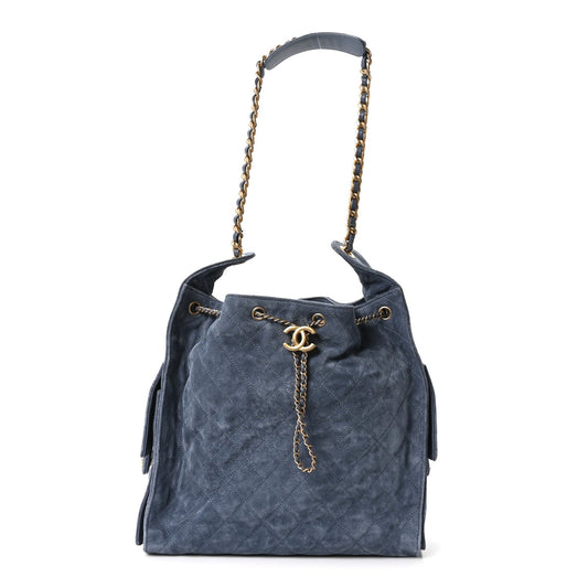 Suede Quilted Medium Chanel 25 Handbag Blue