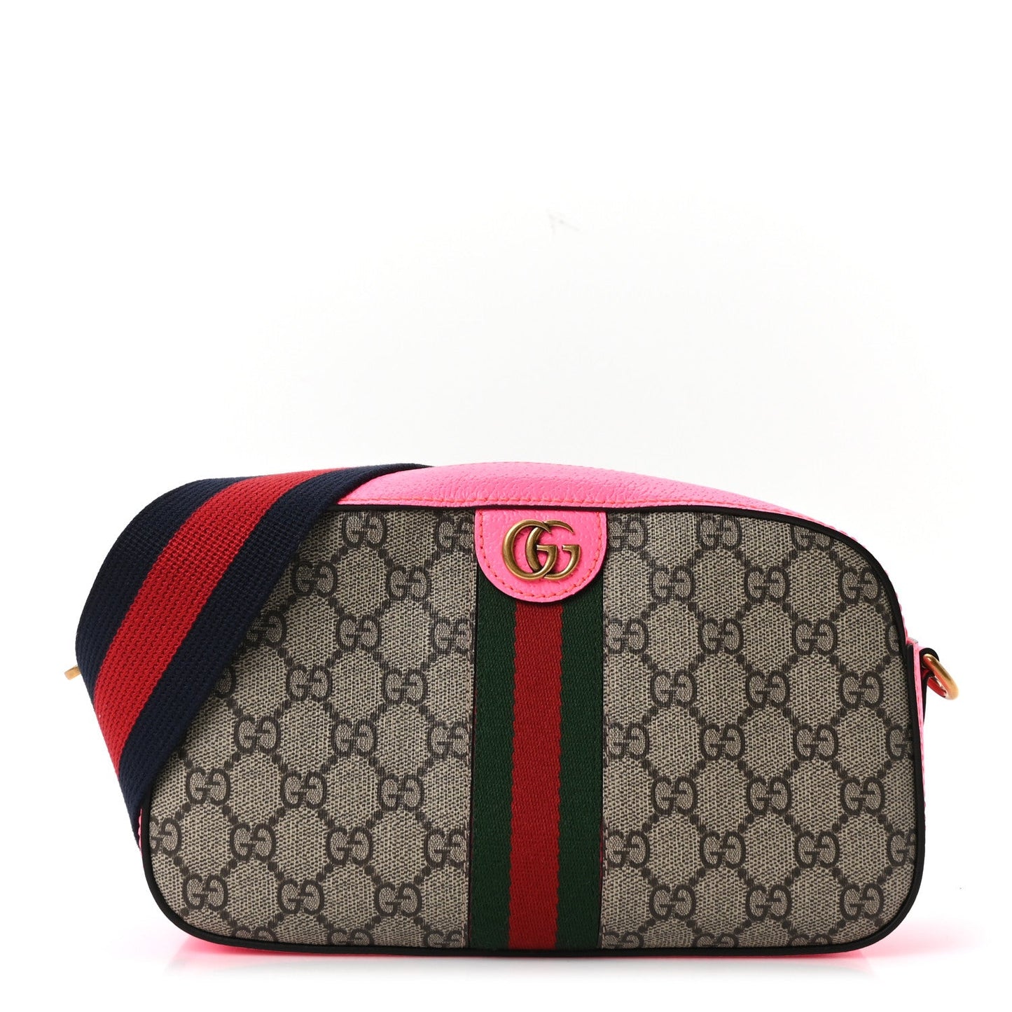 GG Supreme Monogram Textured Dollar Calfskin Web Ophidia Small Crossbody Bag Beige Ebony Fuchsia