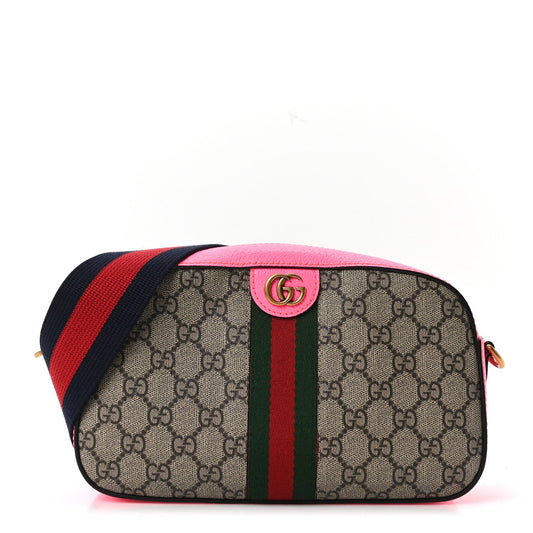 GG Supreme Monogram Textured Dollar Calfskin Web Ophidia Small Crossbody Bag Beige Ebony Fuchsia