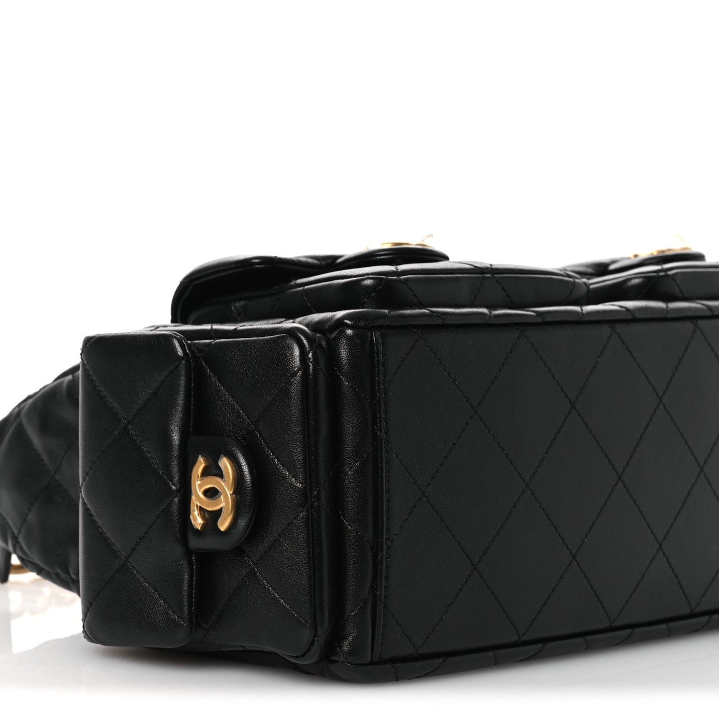 Shiny Lambskin Quilted Trendy Pockets Hobo Black