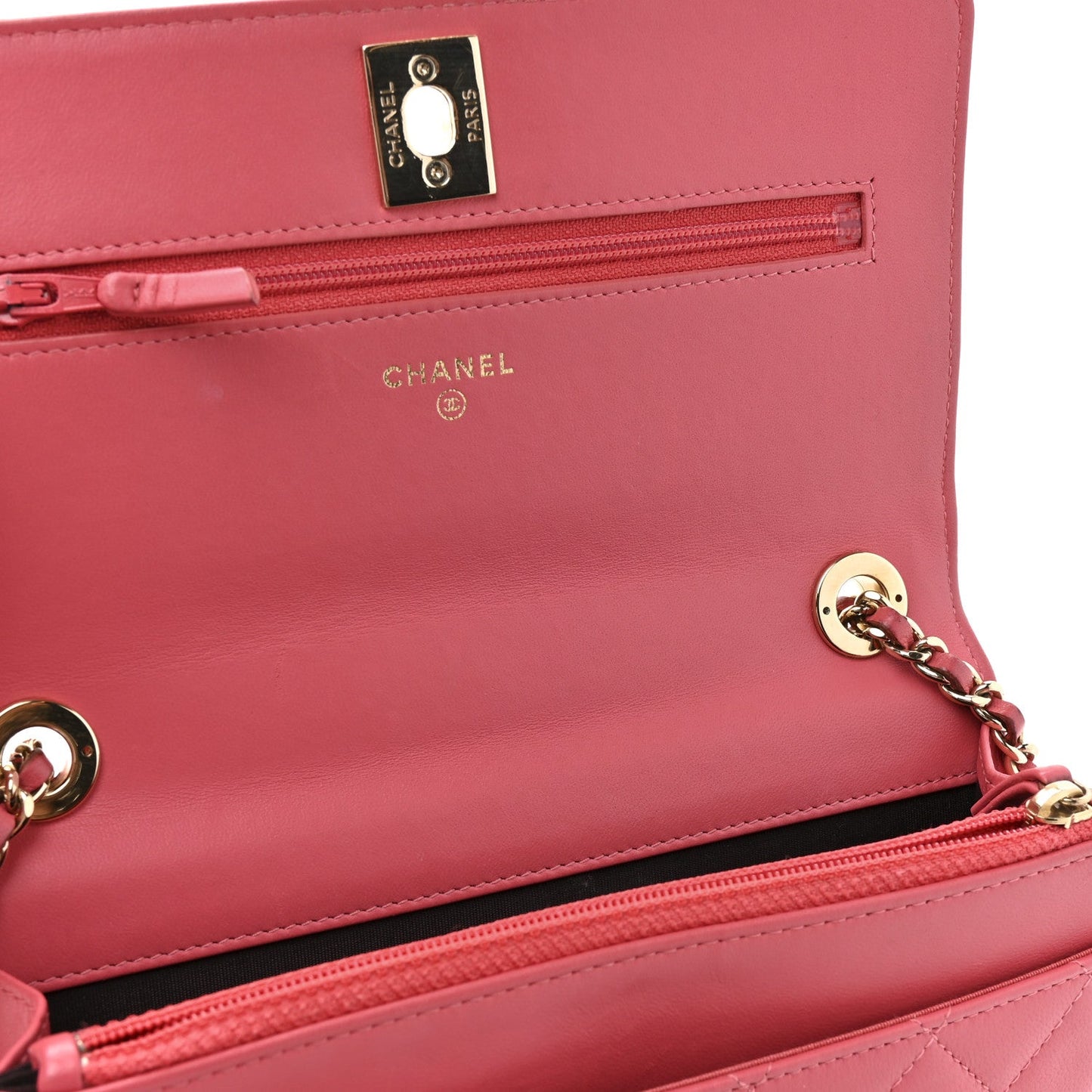 Lambskin Quilted Trendy CC Wallet On Chain WOC Bright Pink