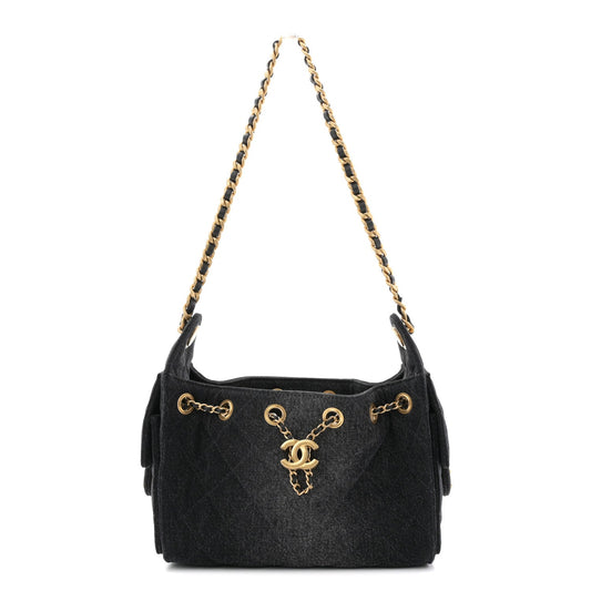 Washed Denim Quilted Mini Chanel 25 Handbag Black