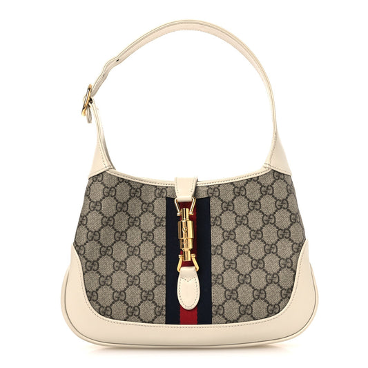 GG Supreme Monogram Azalea Calfskin Web Small Jackie 1961 Hobo Beige Ebony Mystic White