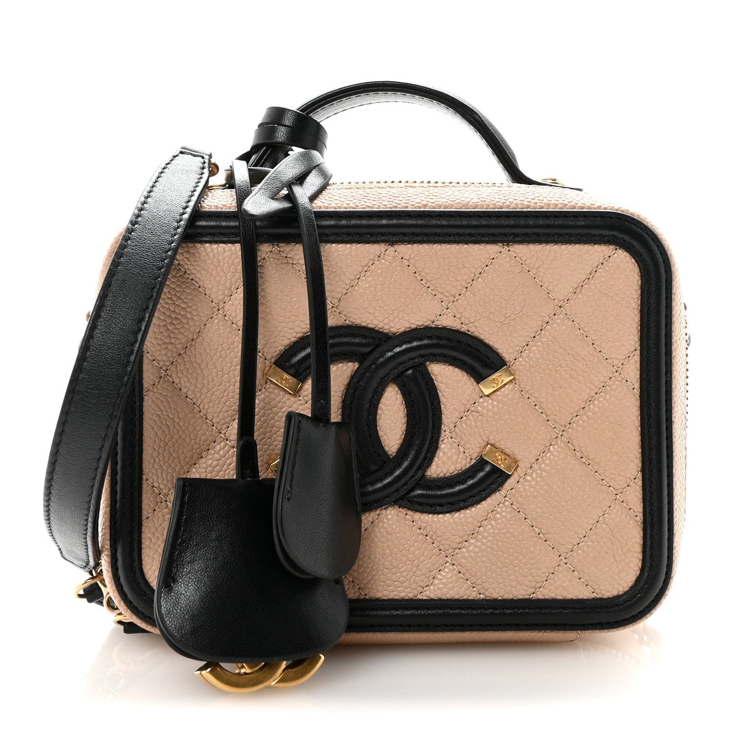 Caviar Quilted Small CC Filigree Vanity Case Beige Black