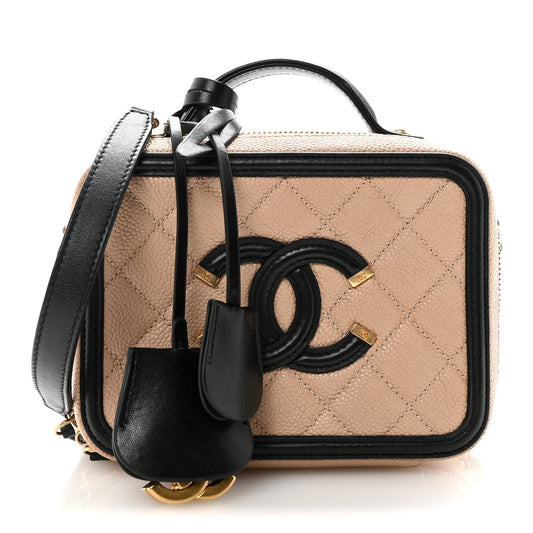 Caviar Quilted Small CC Filigree Vanity Case Beige Black