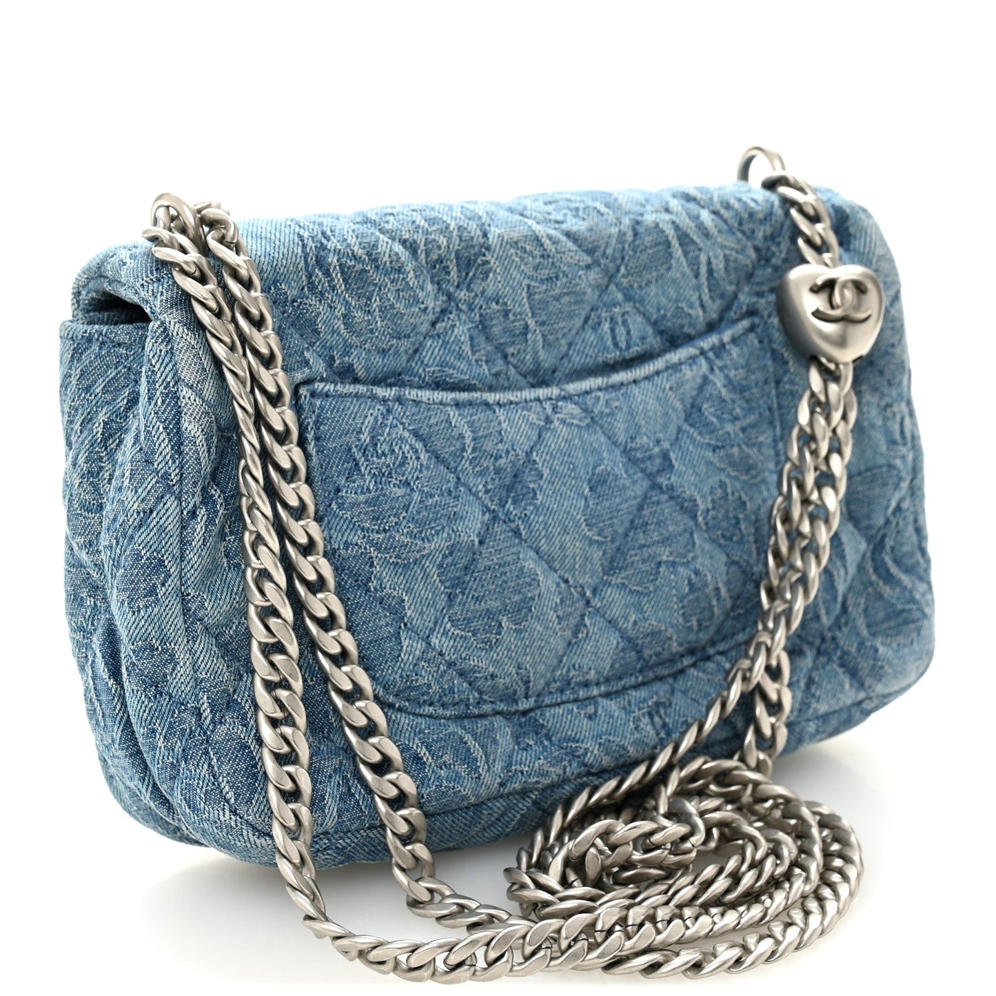 Denim Quilted Camellia Sweetheart Mini Rectangular Flap Blue