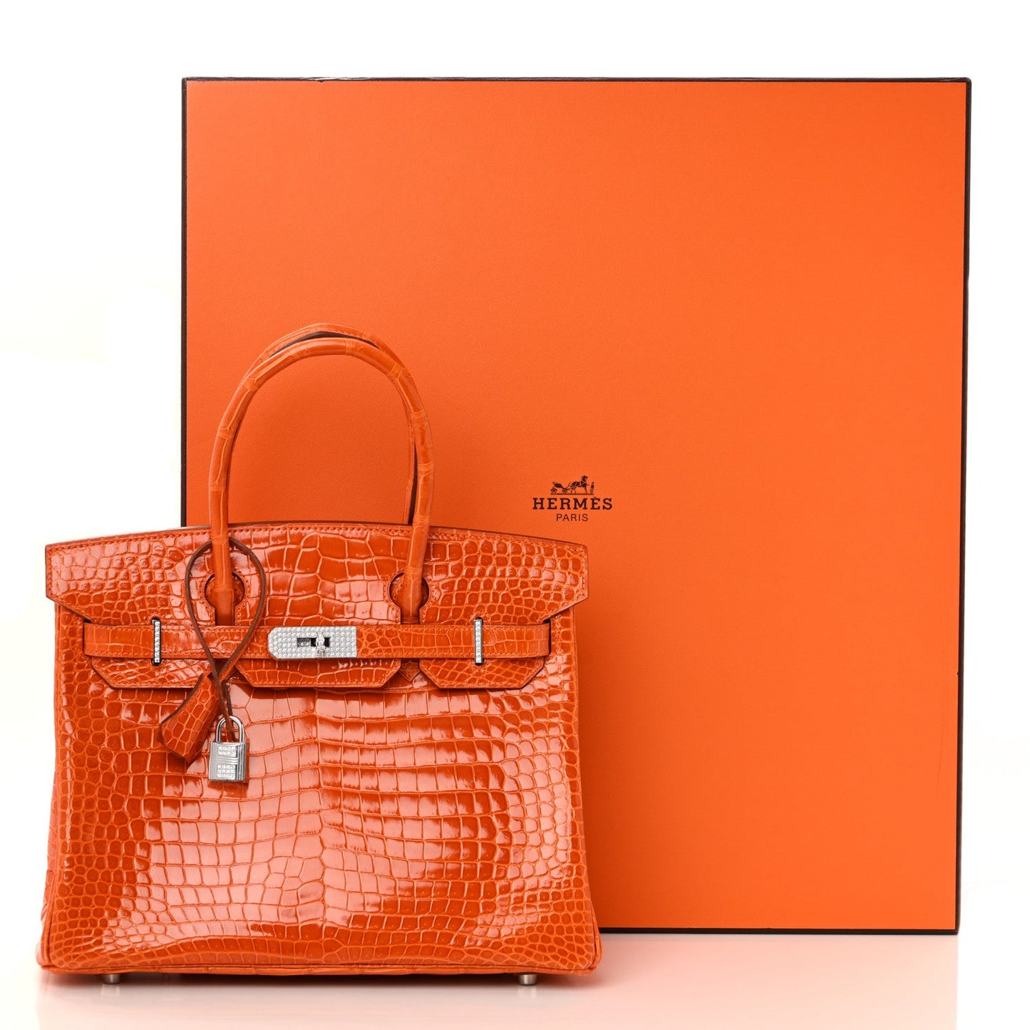Shiny Porosus Crocodile 18K White Gold Diamond Birkin 30 Orange