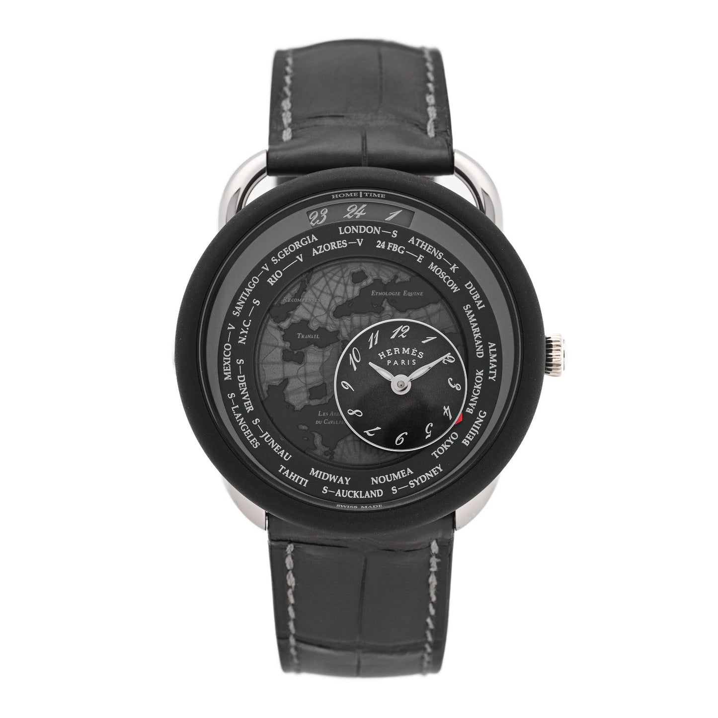 Platinum Titanium Alligator 43mm Arceau Le Temps Voyageur Automatic Watch Noir