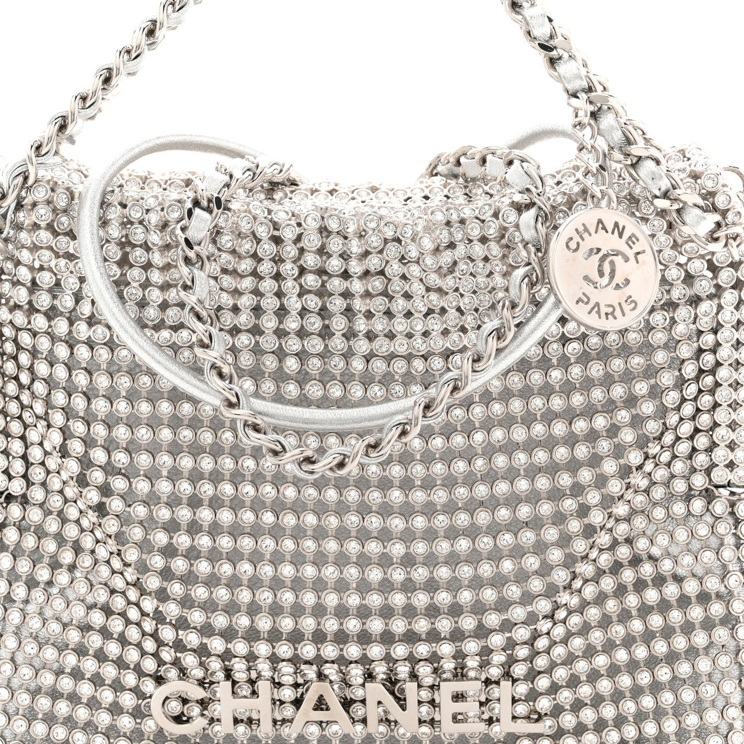 Crystal Embellished Metallic Lambskin Mini Chanel 22 Silver