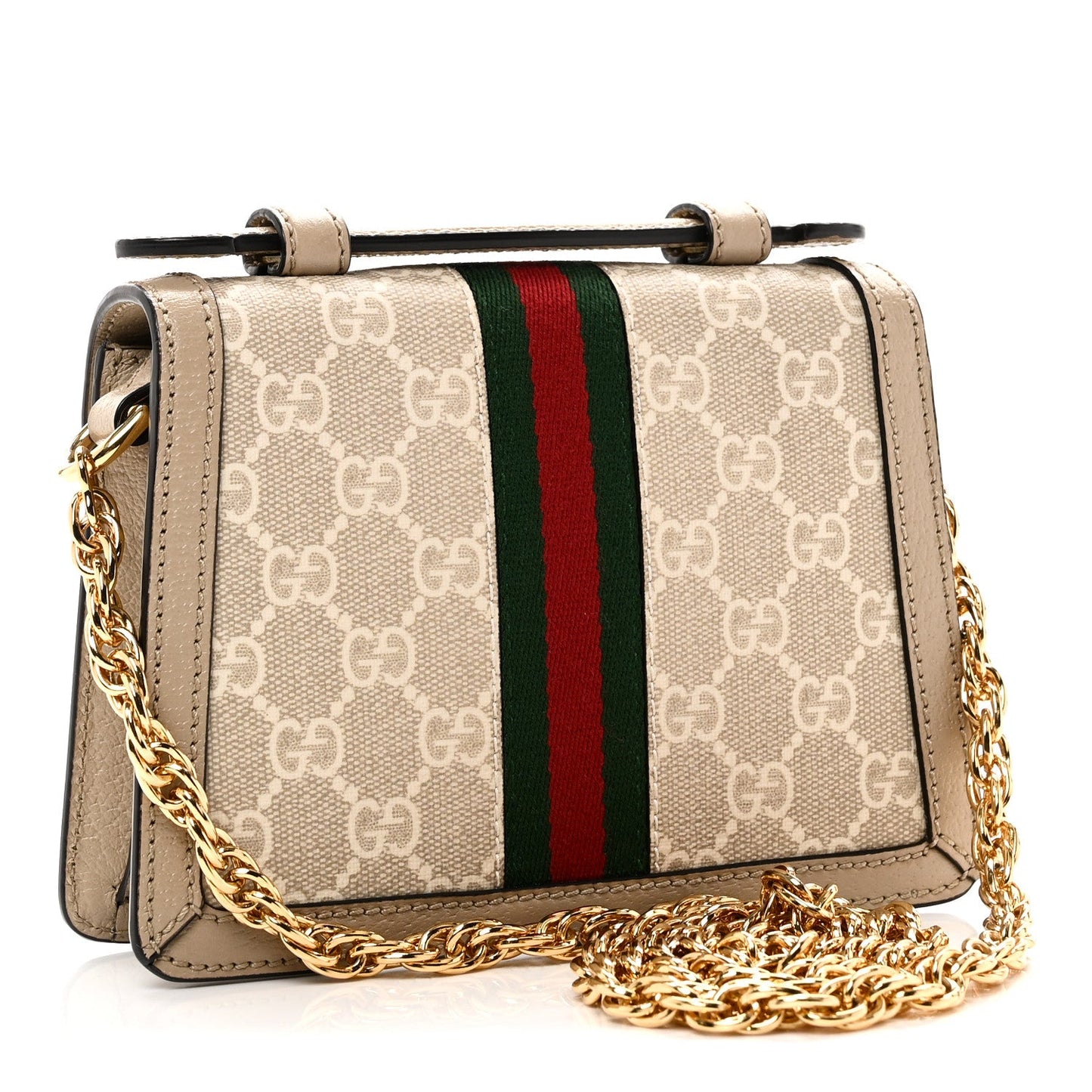 GG Supreme Monogram Textured Dollar Calfskin Web Mini Ophidia Padlock Top Handle Chain Shoulder Bag Beige Mystic White Oatmeal