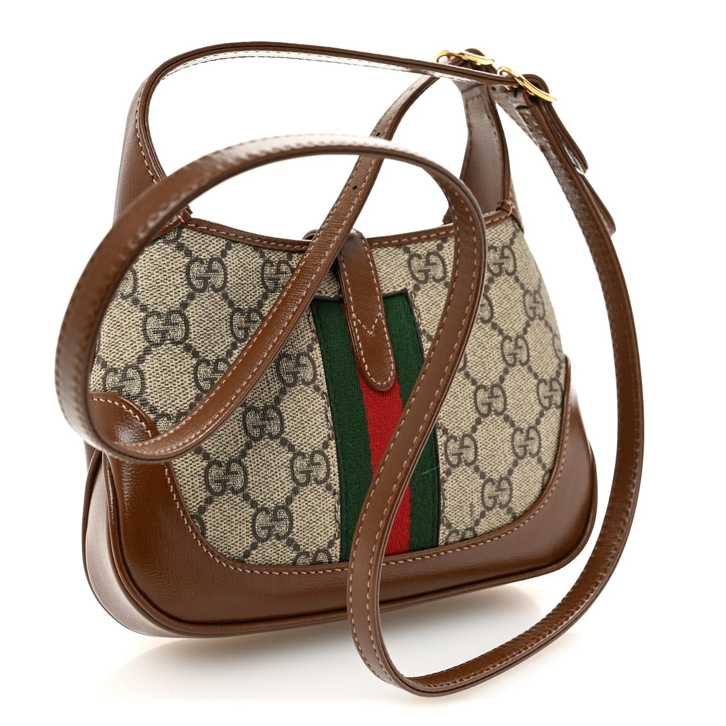 GG Supreme Monogram Azalea Calfskin Web Mini Jackie 1961 Hobo Beige Ebony Brown Sugar