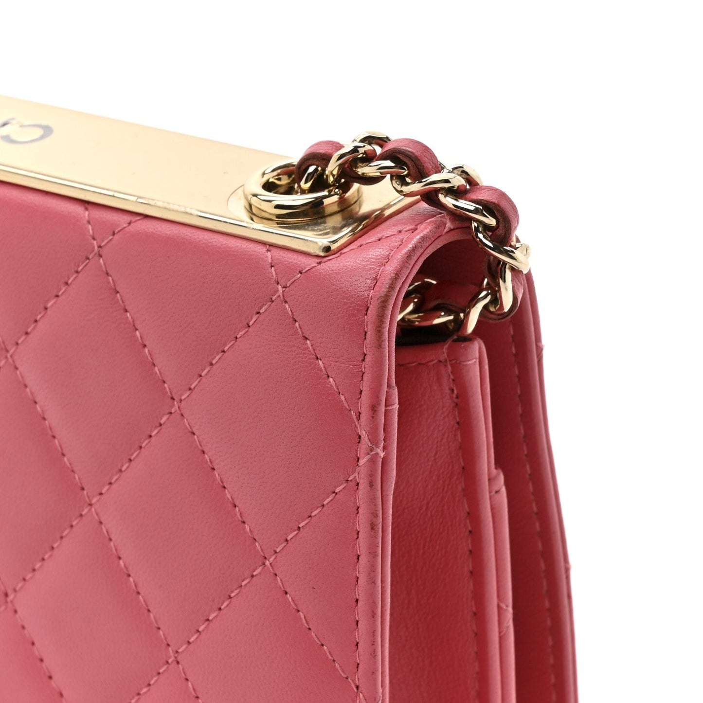 Lambskin Quilted Trendy CC Wallet On Chain WOC Bright Pink