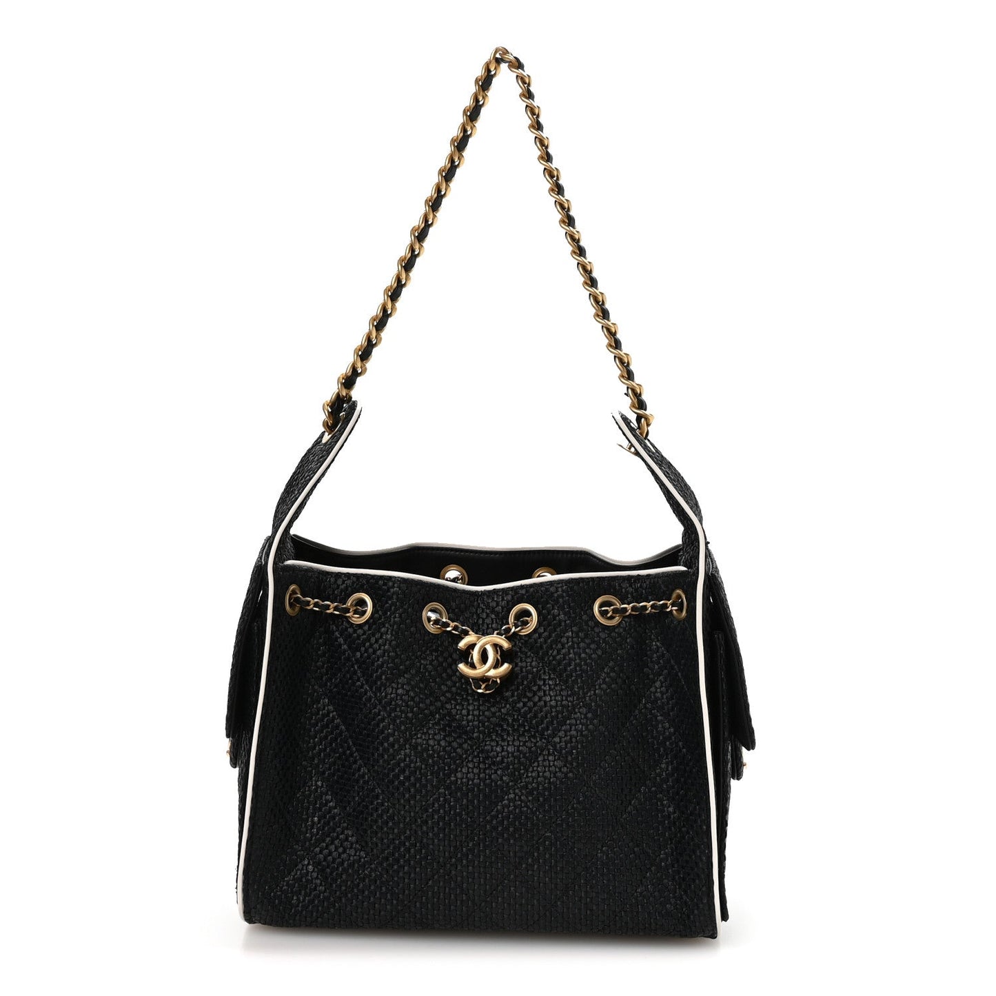 Braided Raffia Calfskin Small Chanel 25 Handbag Black White