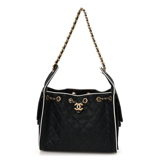 Braided Raffia Calfskin Small Chanel 25 Handbag Black White