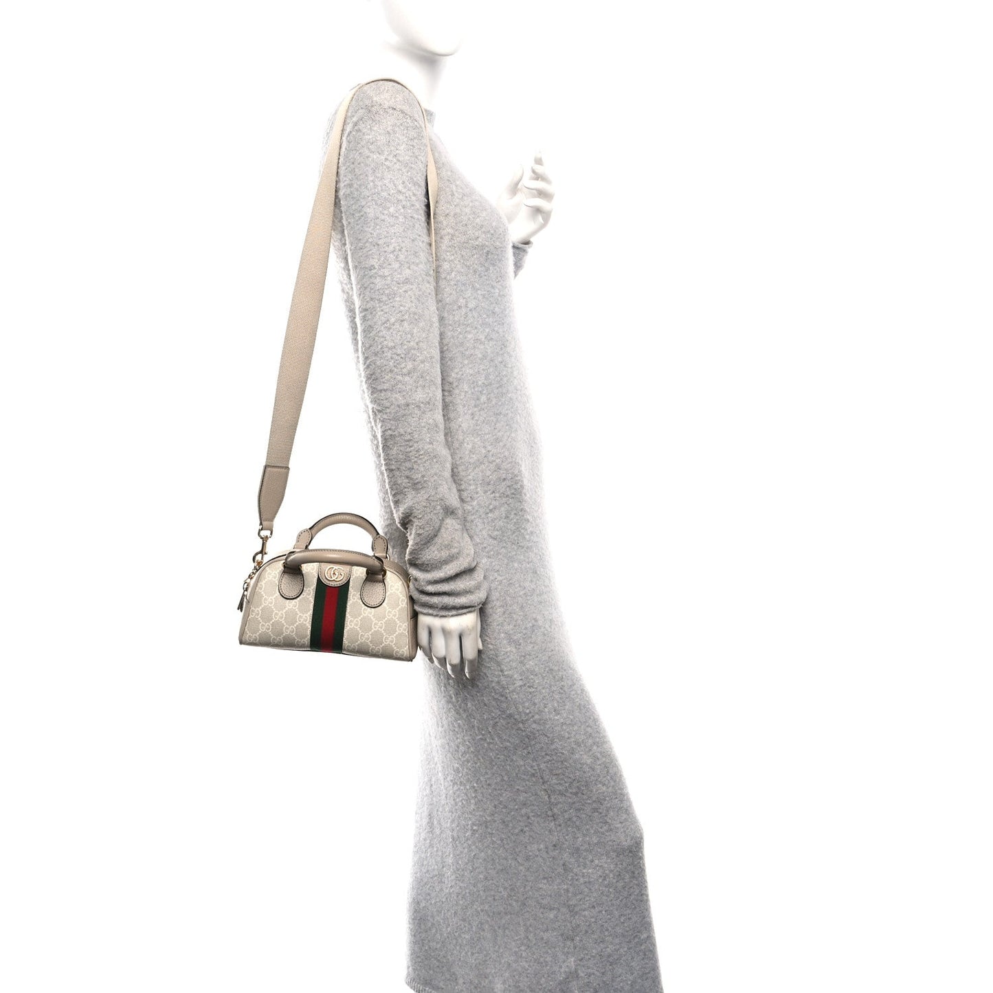 GG Supreme Monogram Textured Dollar Calfskin Web Mini Ophidia Top Handle Bowler Bag Beige Mystic White Oatmeal