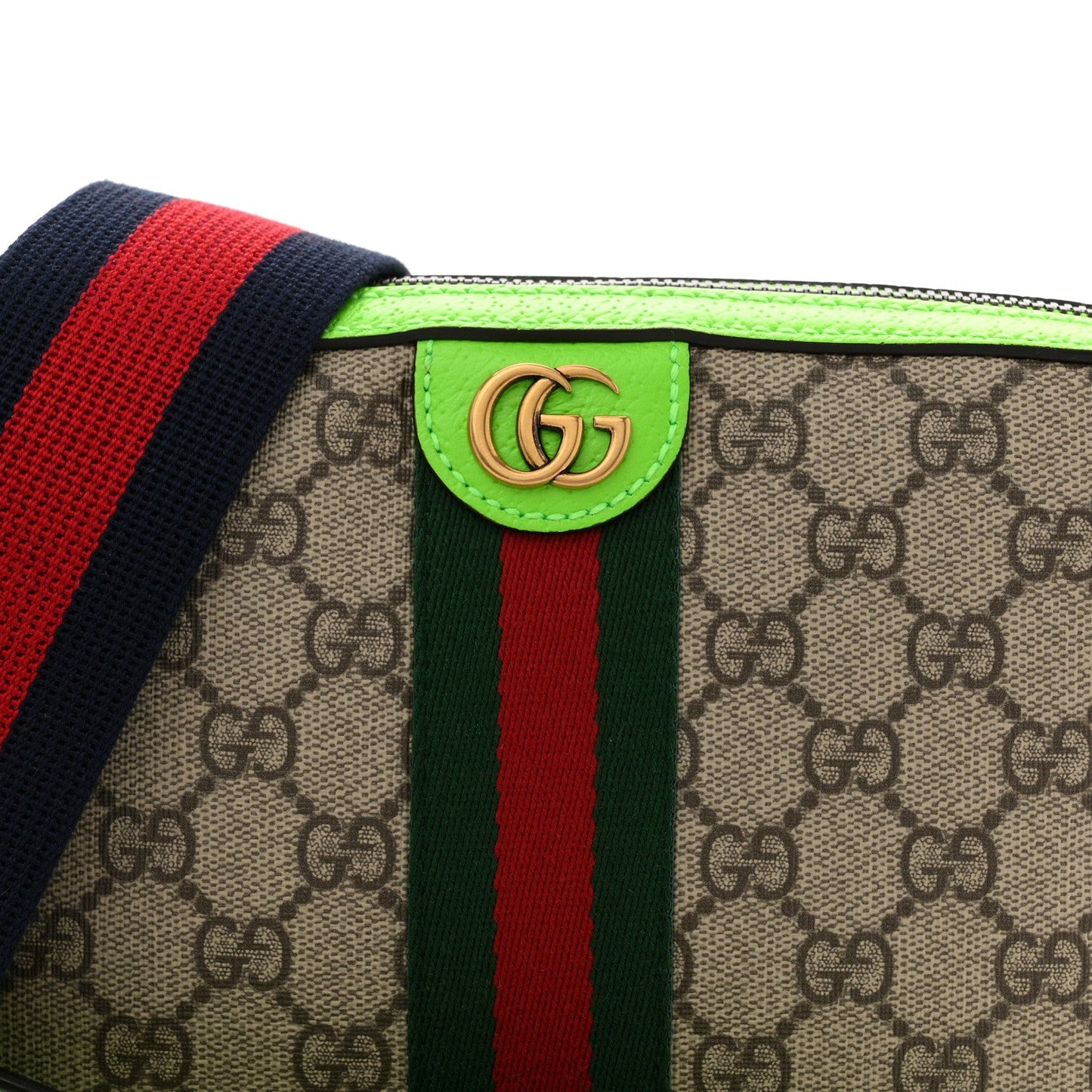 GG Supreme Monogram Textured Dollar Calfskin Web Ophidia Wristlet Shoulder Bag Beige Ebony Green