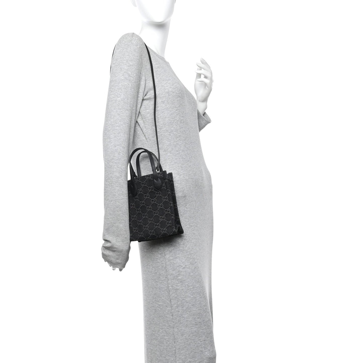 Denim Cuoio Harness GG Monogram Mini Ophidia Tote Bag Black Medium Grey