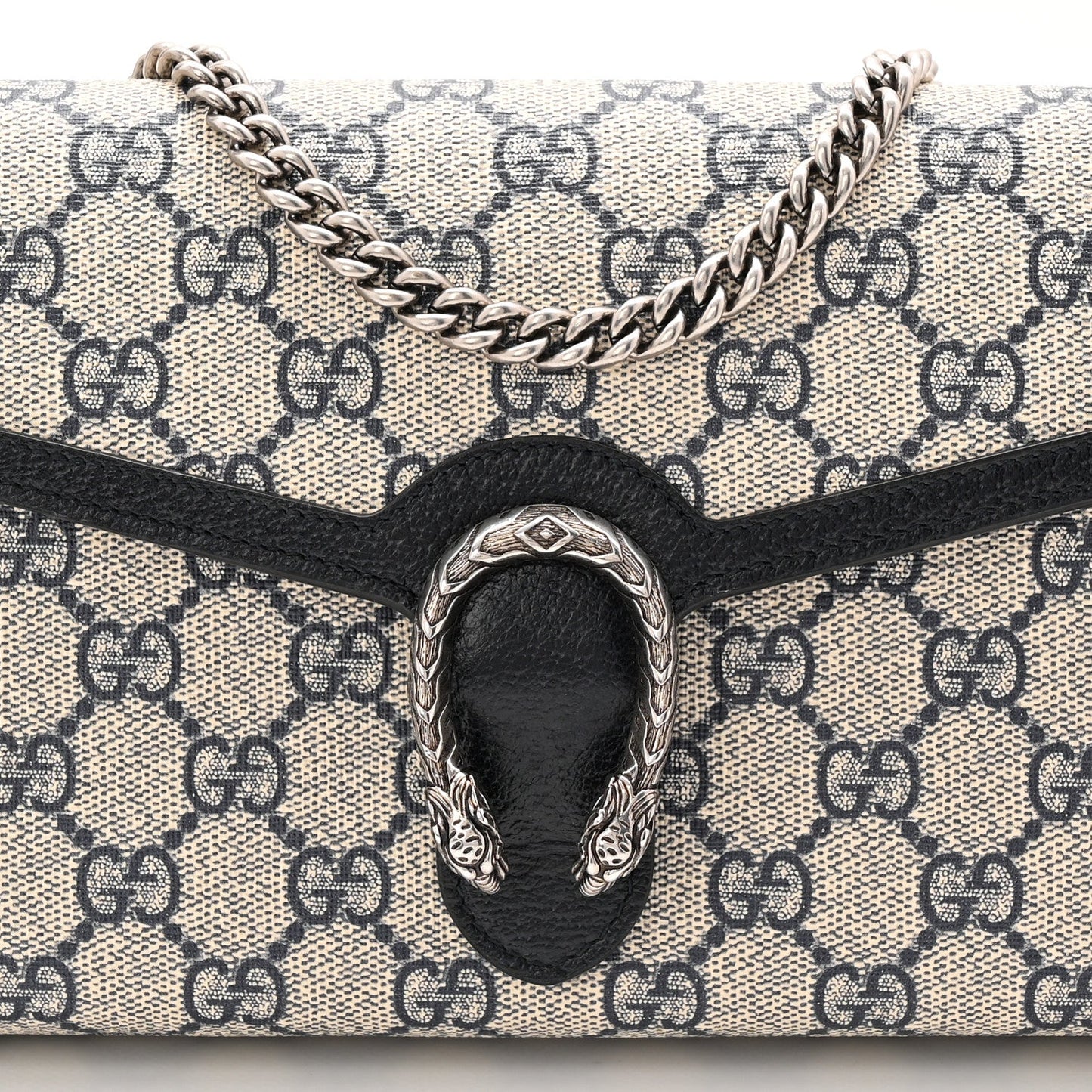 GG Supreme Monogram Textured Dollar Calfskin Mini Dionysus Chain Wallet Beige Blue