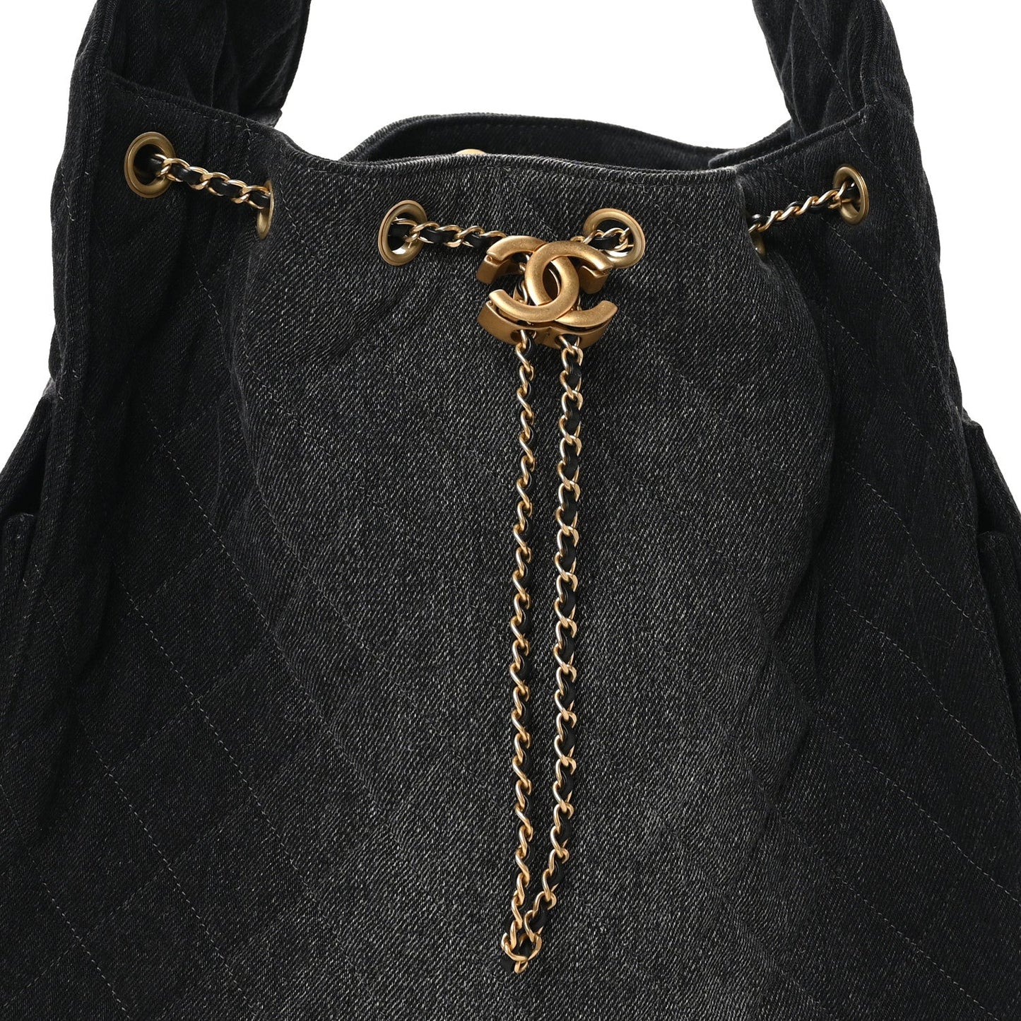 Washed Denim Quilted Medium Chanel 25 Handbag Black
