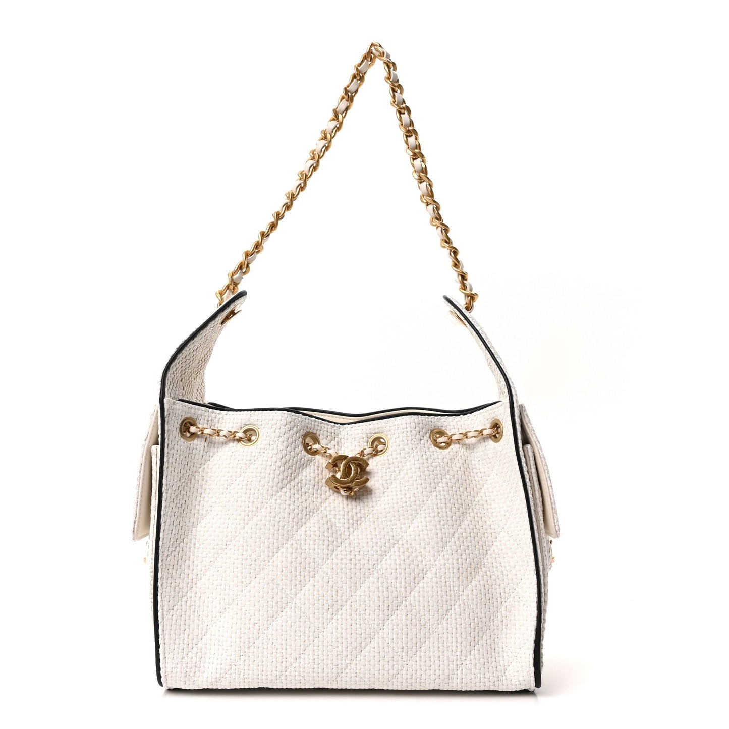 Braided Raffia Calfskin Quilted Small Chanel 25 Handbag White Black
