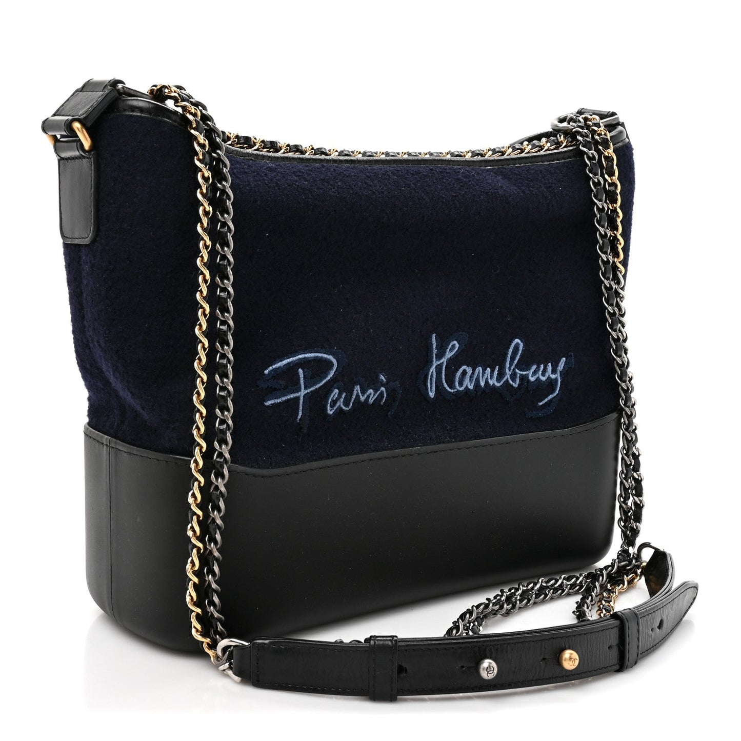 Calfskin Wool Embroidered Paris Hamburg Medium Gabrielle Hobo Dark Navy Blue