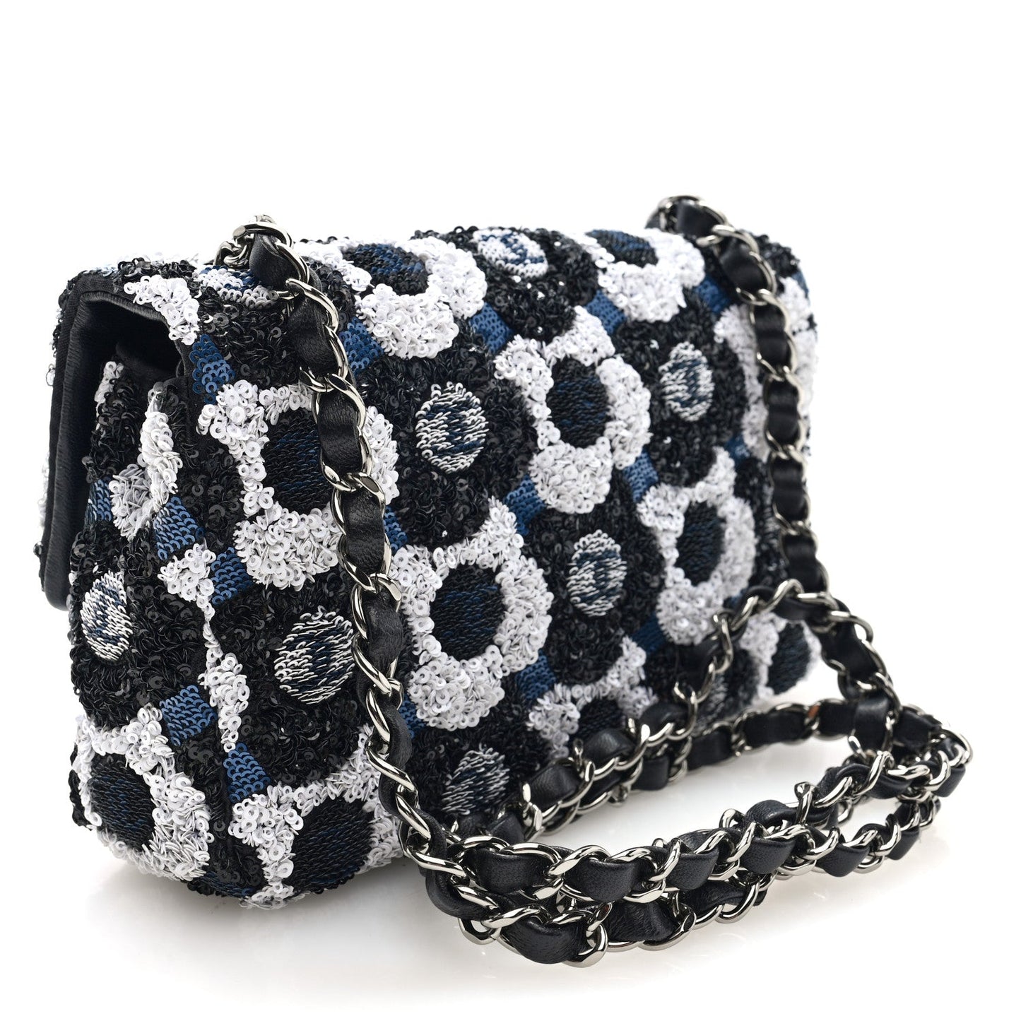 Satin Sequin Embellished Flower Mini Rectangular Flap Black White Blue