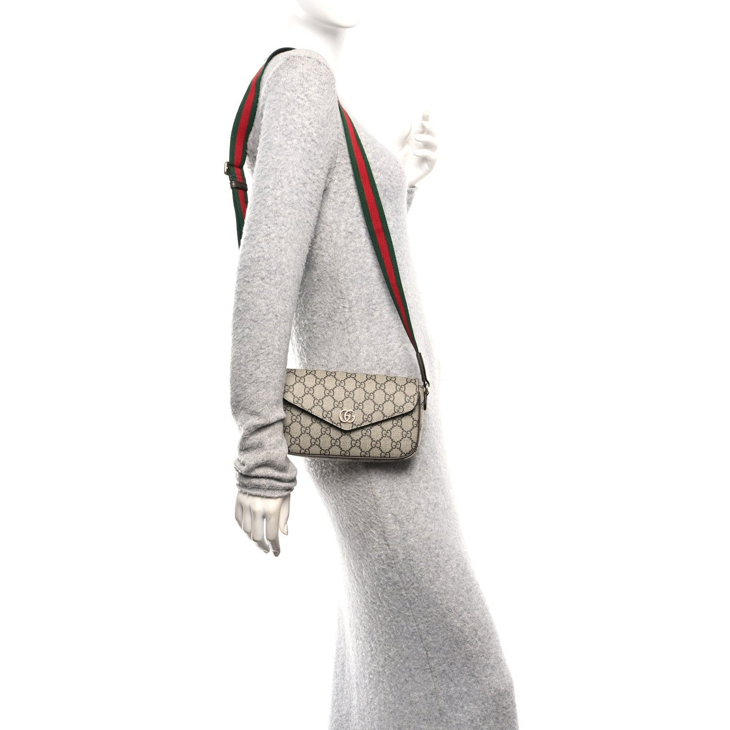GG Supreme Monogram Textured Dollar Calfskin Web Mini Ophidia Envelope Shoulder Bag Beige Ebony New Acero