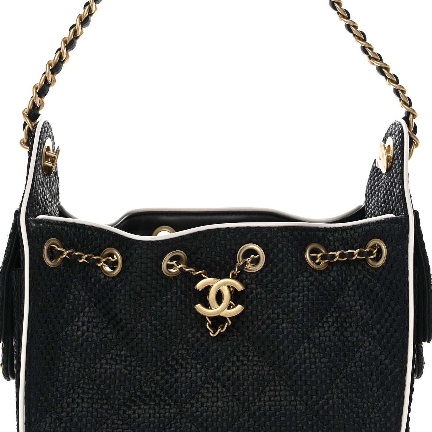 Braided Raffia Calfskin Quilted Mini Chanel 25 Handbag Black White