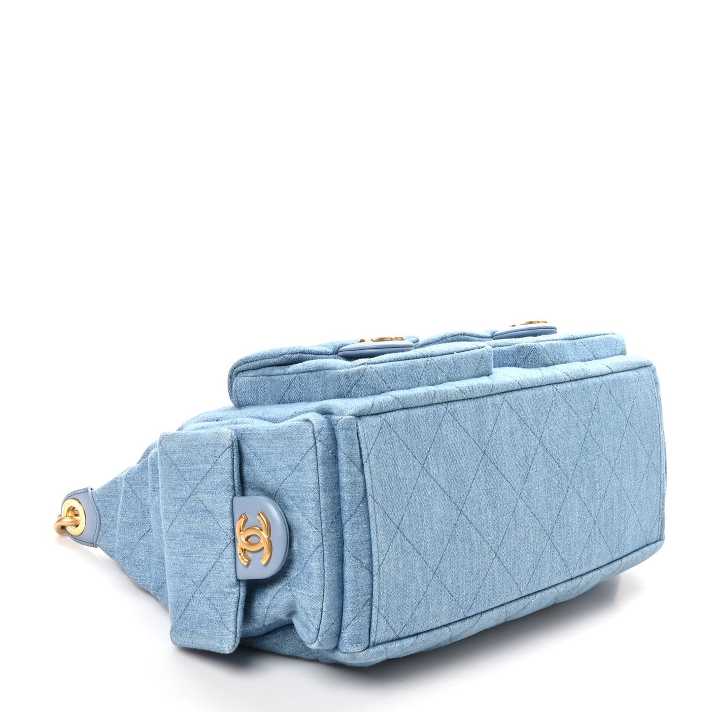 Washed Denim Quilted Large Trendy Pockets Hobo Blue