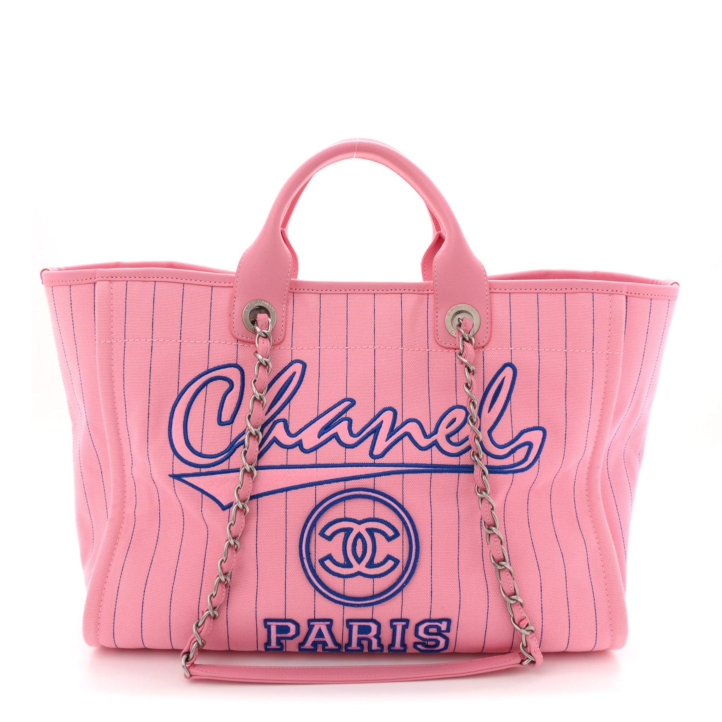 Canvas Calfskin Striped Large Deauville Tote Pink Blue
