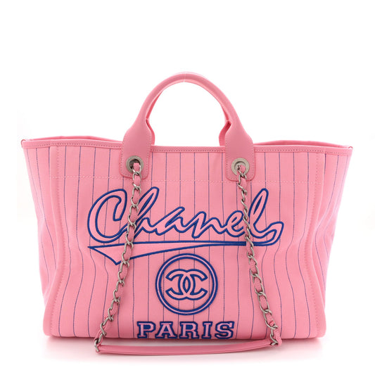 Canvas Calfskin Striped Large Deauville Tote Pink Blue