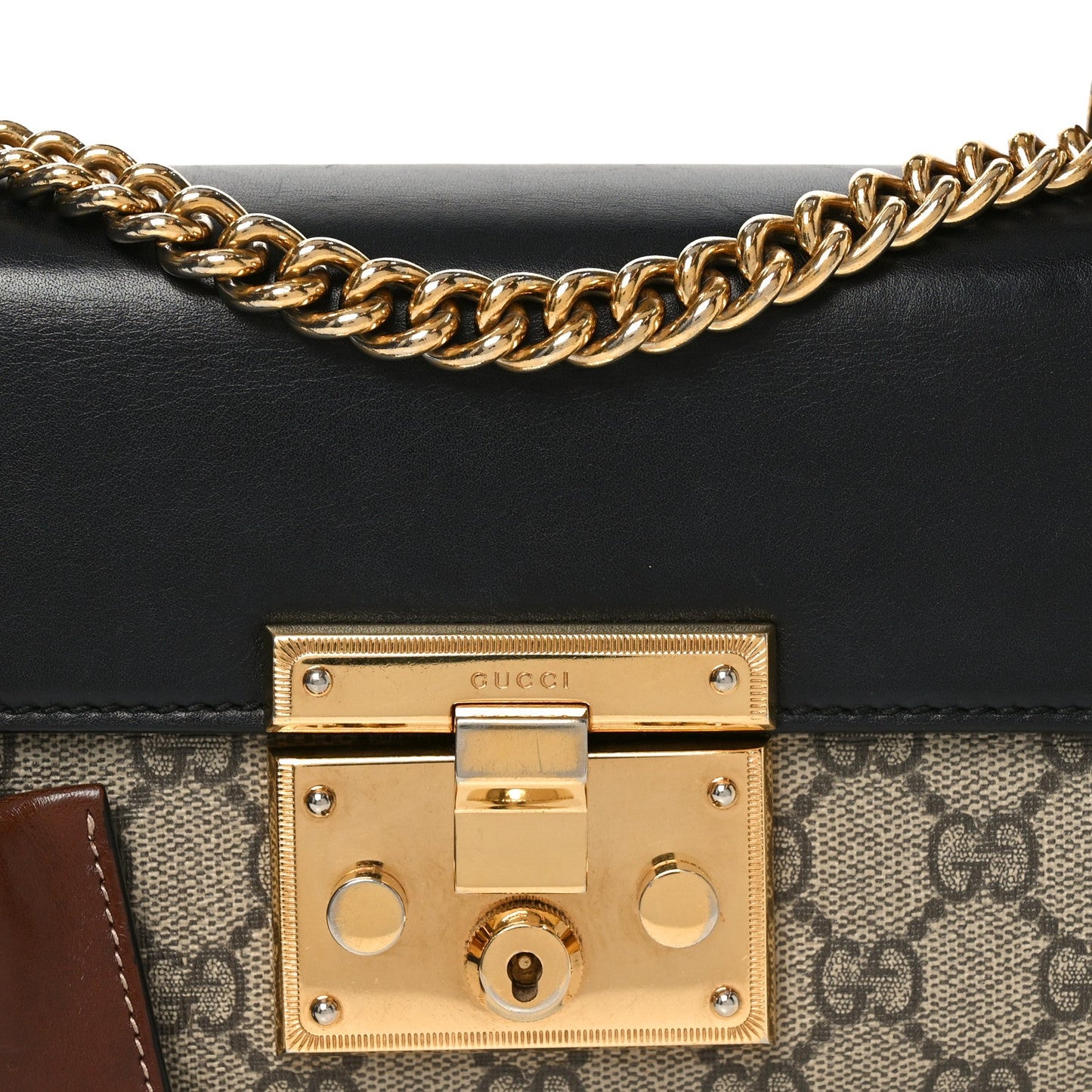 GG Supreme Monogram Calfskin Small Padlock Shoulder Bag Beige Black Cuir