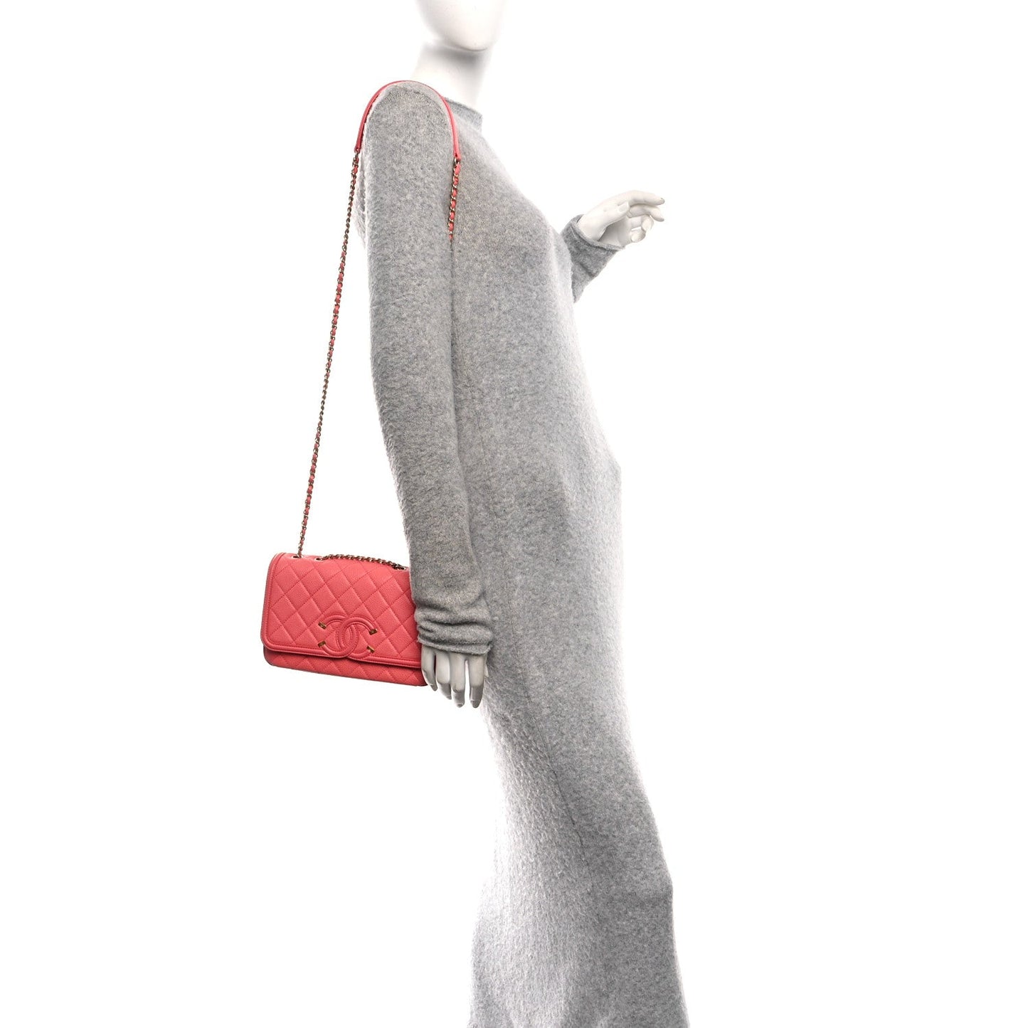 Caviar Quilted Small CC Filigree Flap Coral