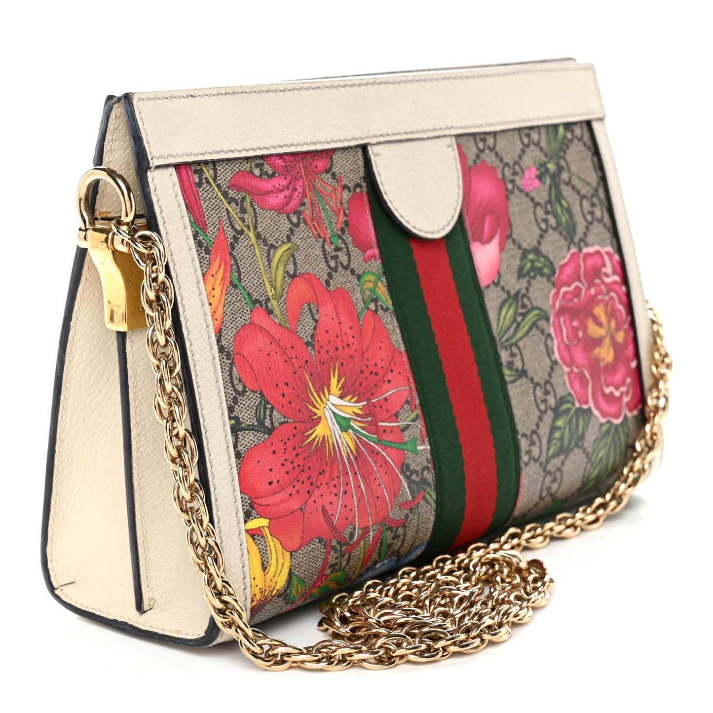 GG Supreme Monogram Flora Web Small Ophidia Chain Shoulder Bag White