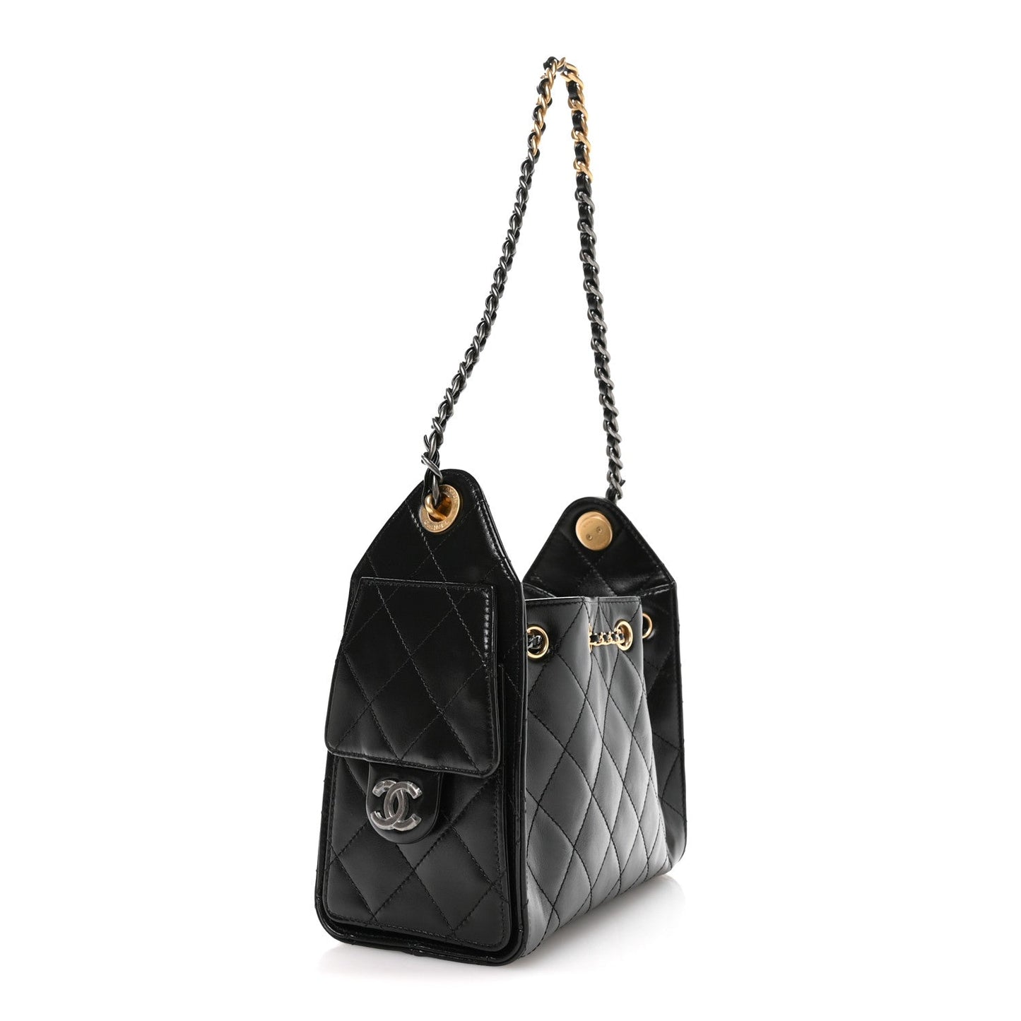 Shiny Crumpled Calfskin Quilted Mini Chanel 25 Handbag Black