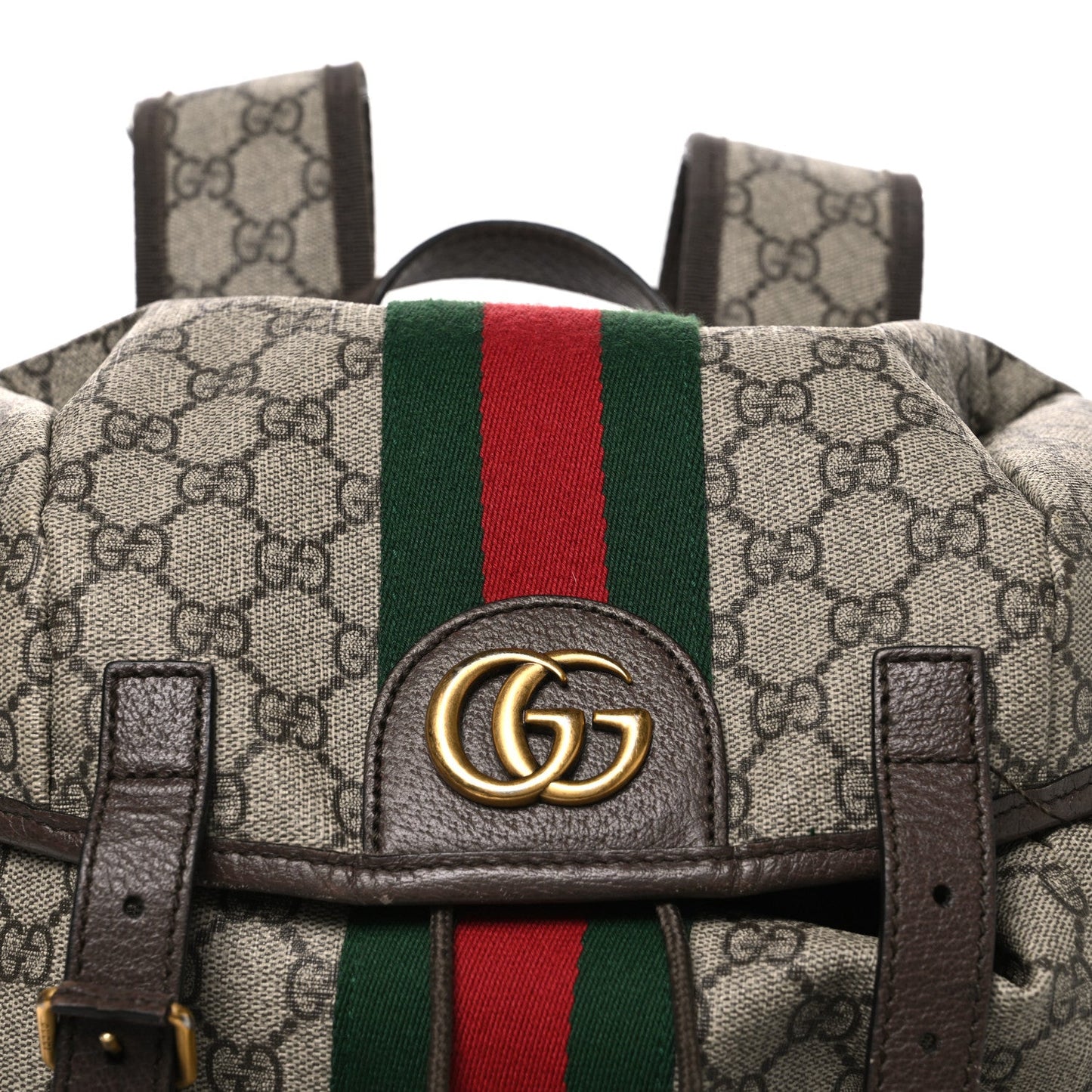 GG Supreme Monogram Medium Ophidia Double Buckle Backpack Brown