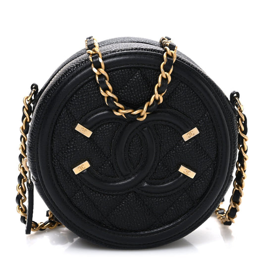 Caviar Quilted Round Filigree Crossbody Black