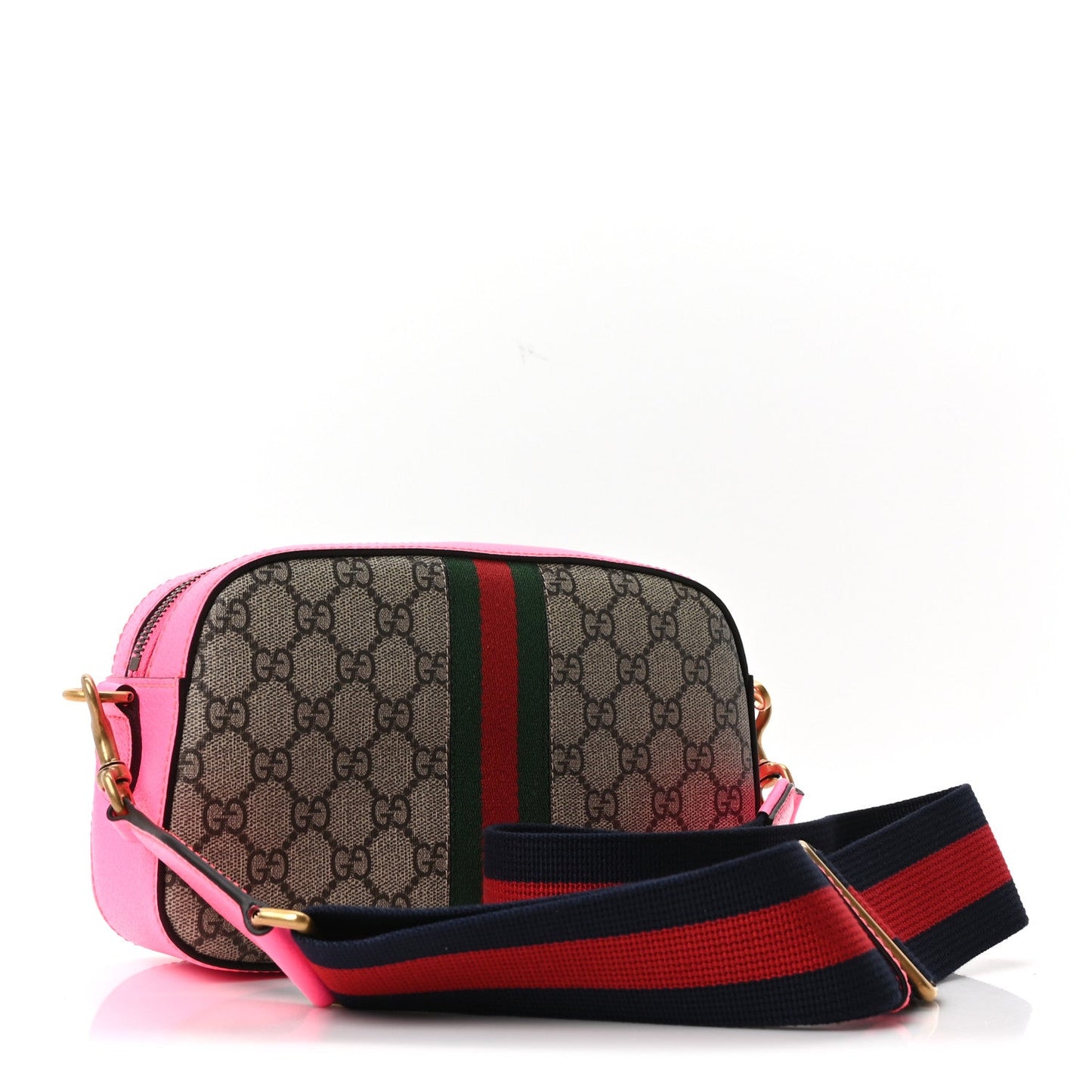 GG Supreme Monogram Textured Dollar Calfskin Web Ophidia Small Crossbody Bag Beige Ebony Fuchsia