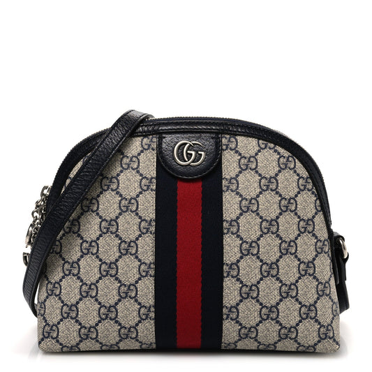 GG Supreme Monogram Textured Dollar Calfskin Web Small Ophidia Dome Shoulder Bag Beige Blue