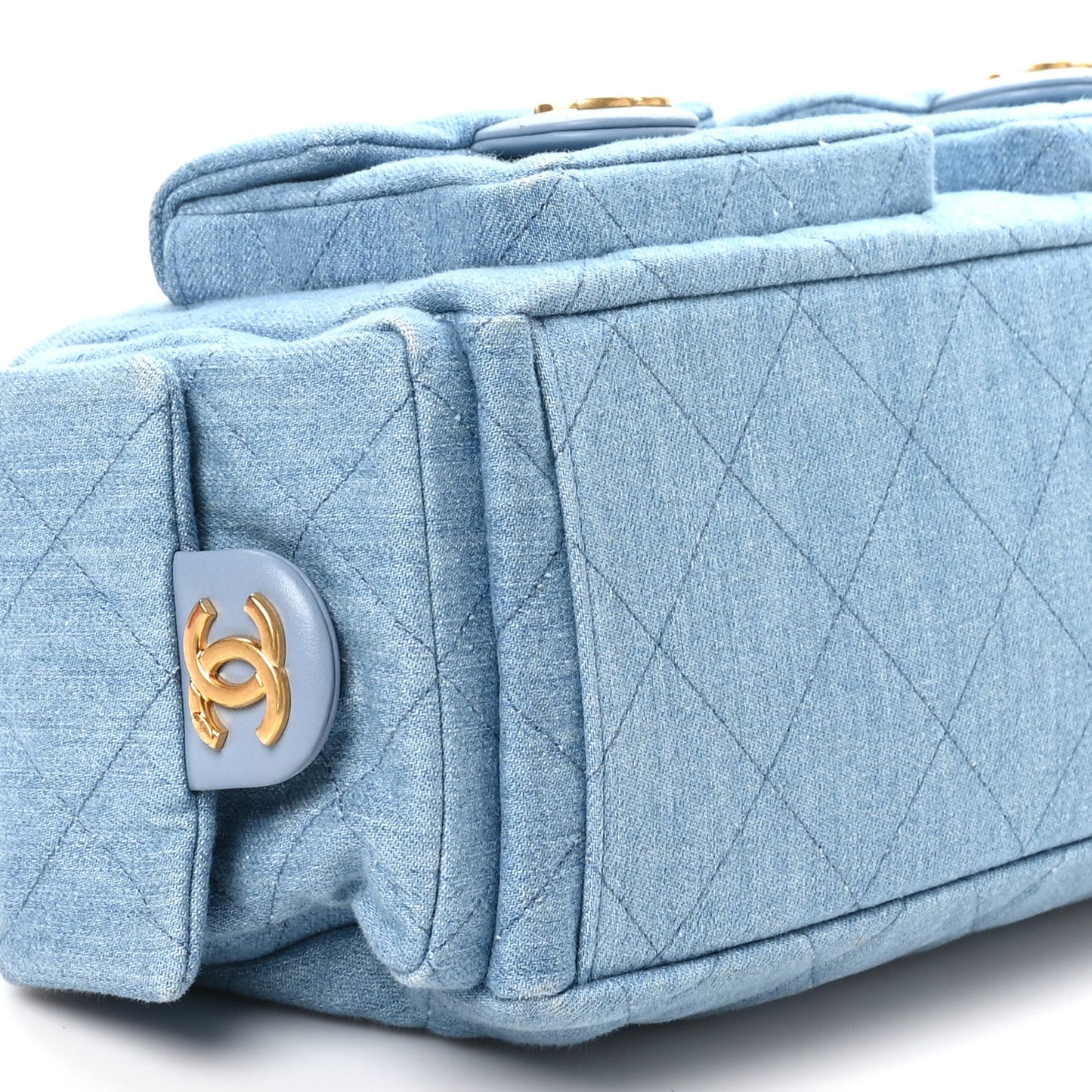 Washed Denim Quilted Large Trendy Pockets Hobo Blue