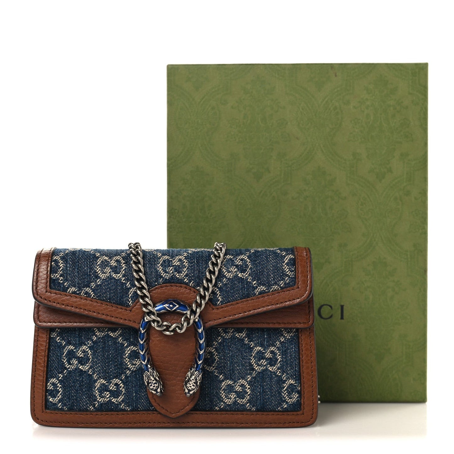 New Denim GG Monogram Dollar Calfskin Enamel Super Mini Dionysus Shoulder Bag Blue Tea Cuir Epilog Electric Blue